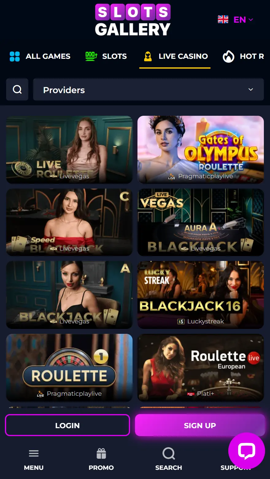 Slots Gallery Casino live casino page