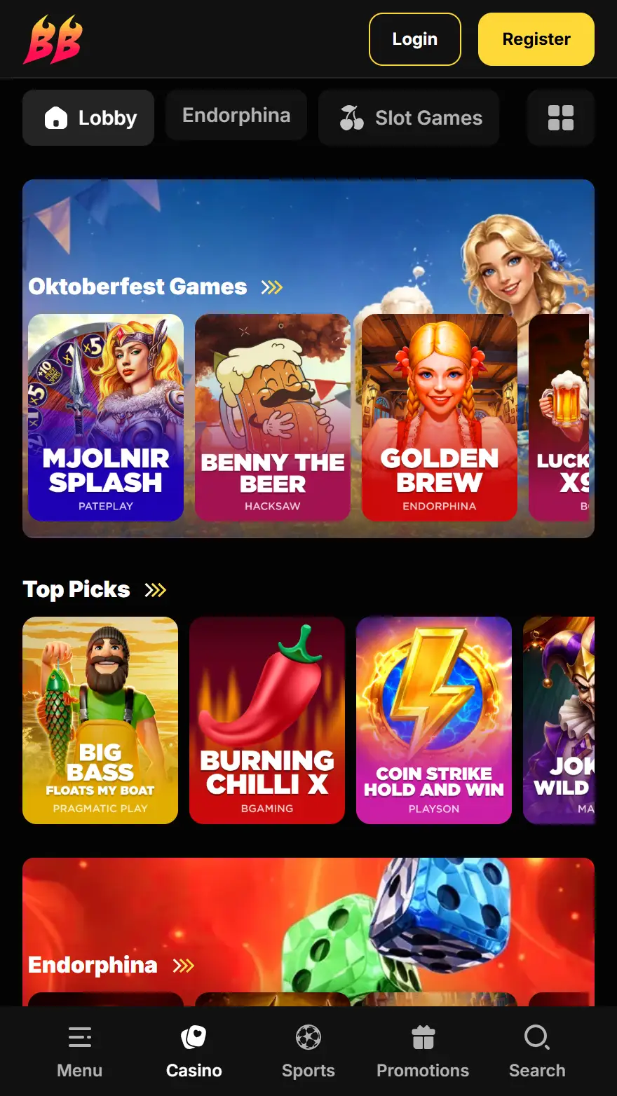 BetBluff kazino spēļu lapa