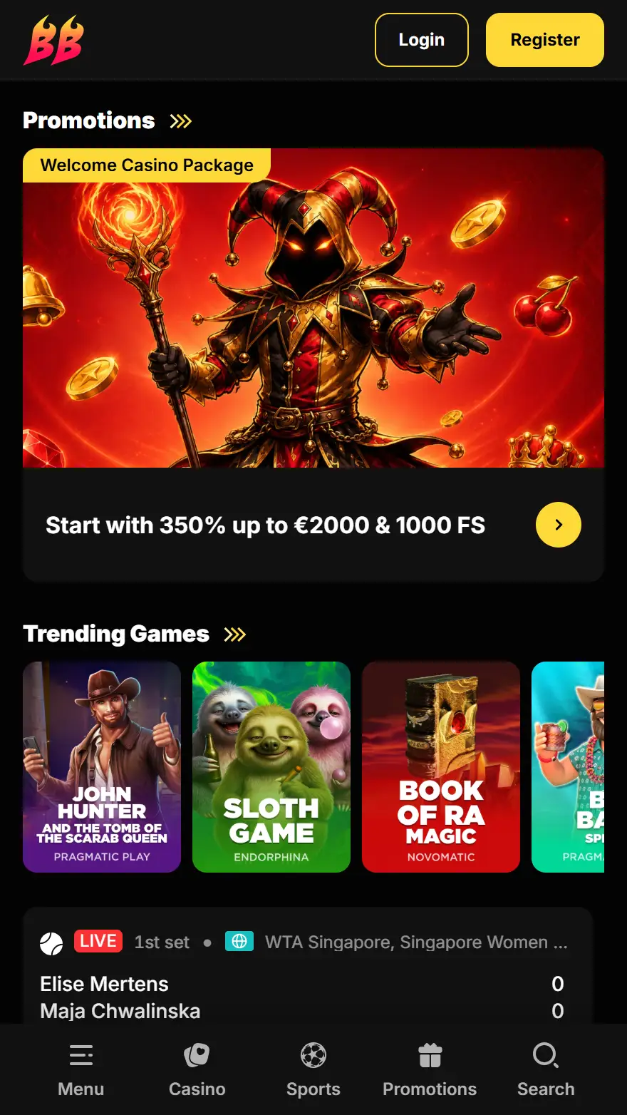 BetBluff kazino galvenā lapa