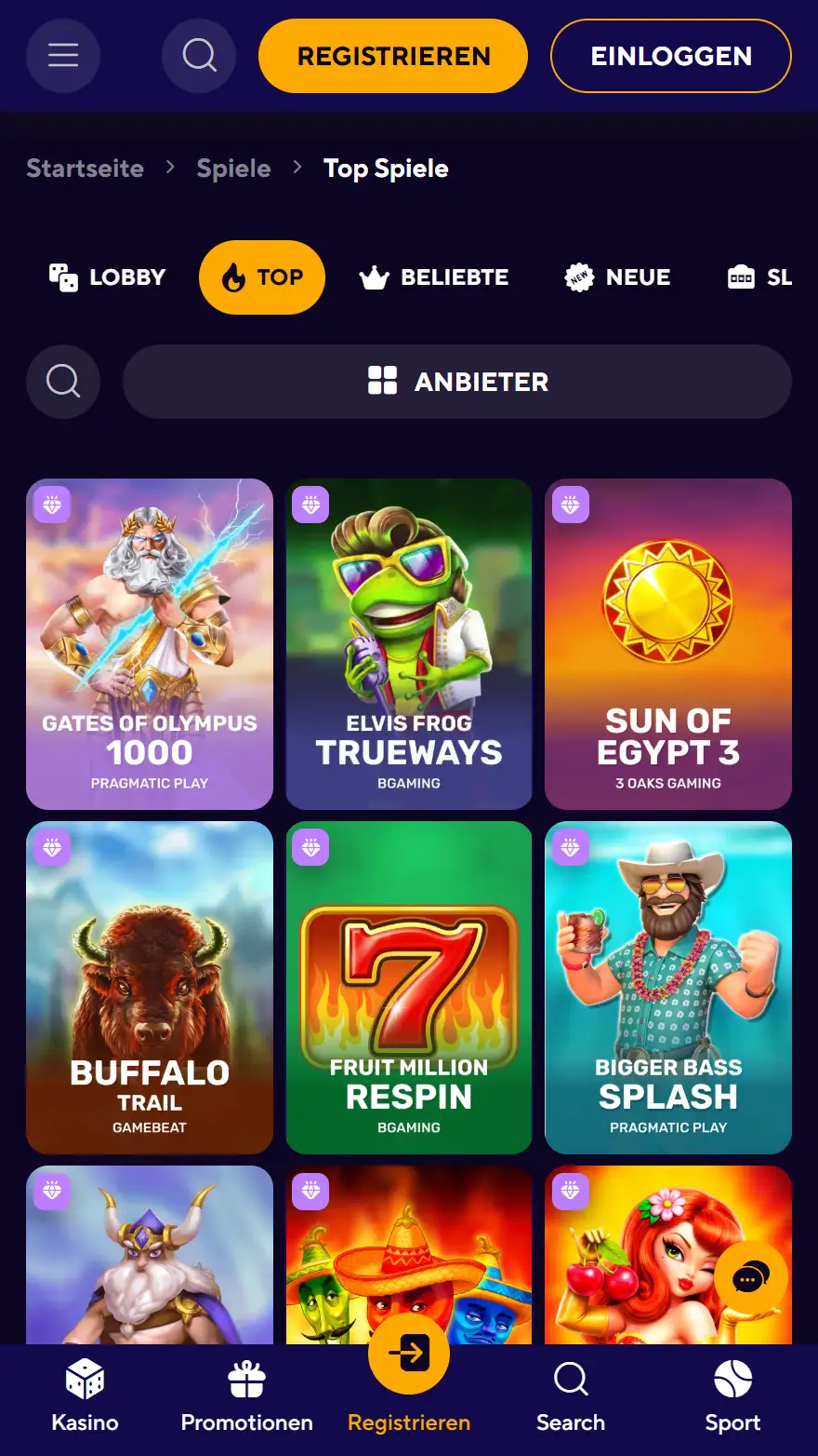 Dazard Casino Spiele-Seite
