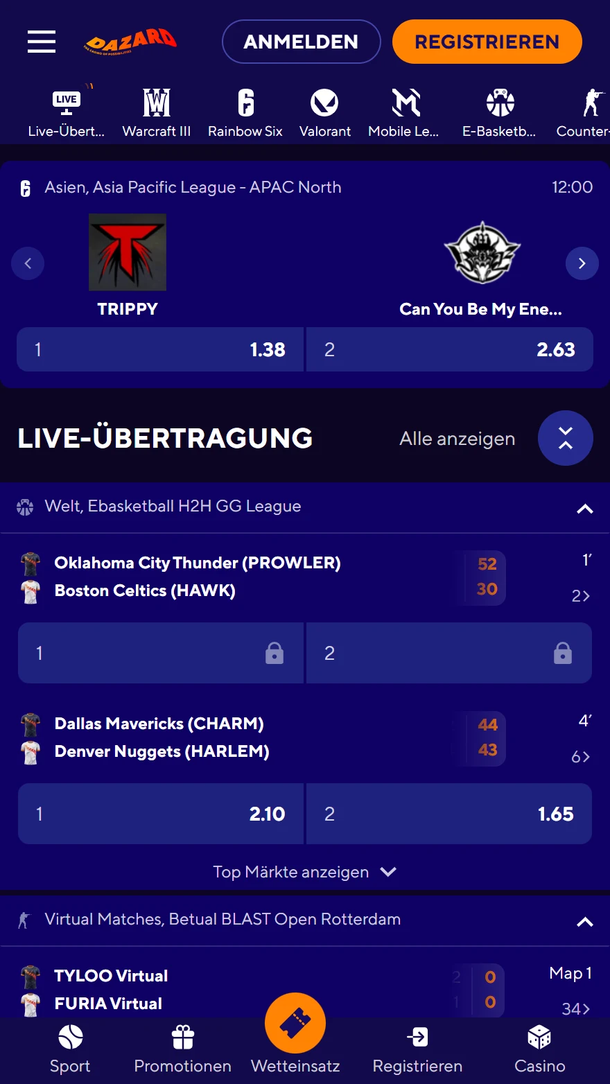 Dazard Casino E-Sport-Wetten-Seite