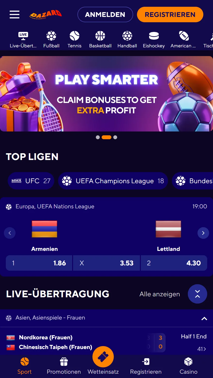 Dazard Casino Sportwetten-Seite