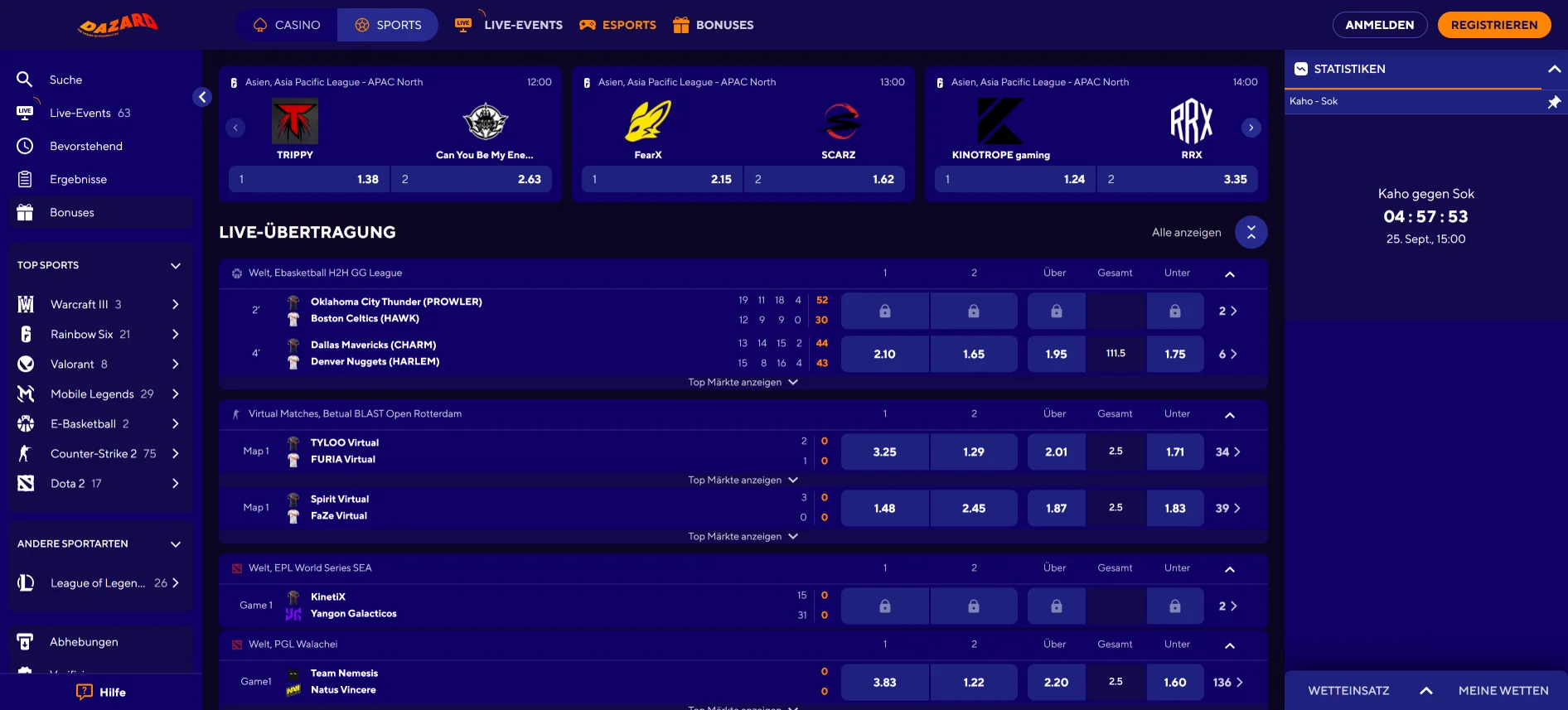 Dazard Casino E-Sport-Wetten