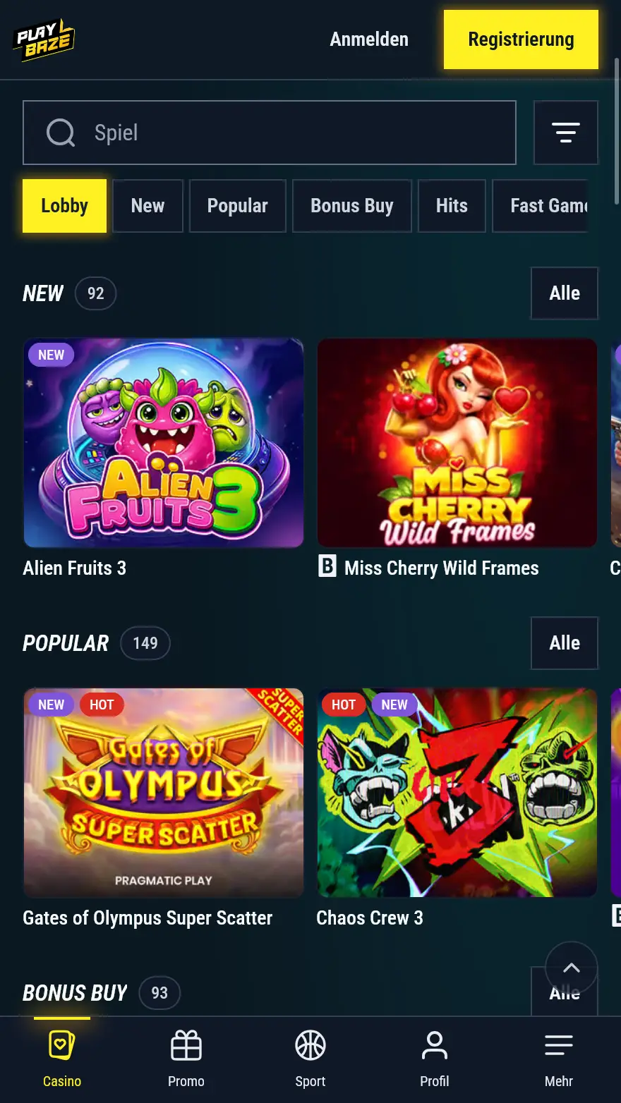 Playbaze Casino-Spieleseite