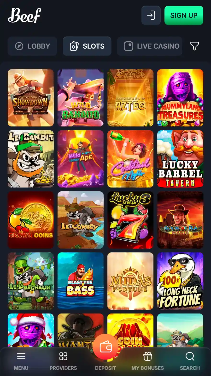 Beef Casino žaidimų puslapis