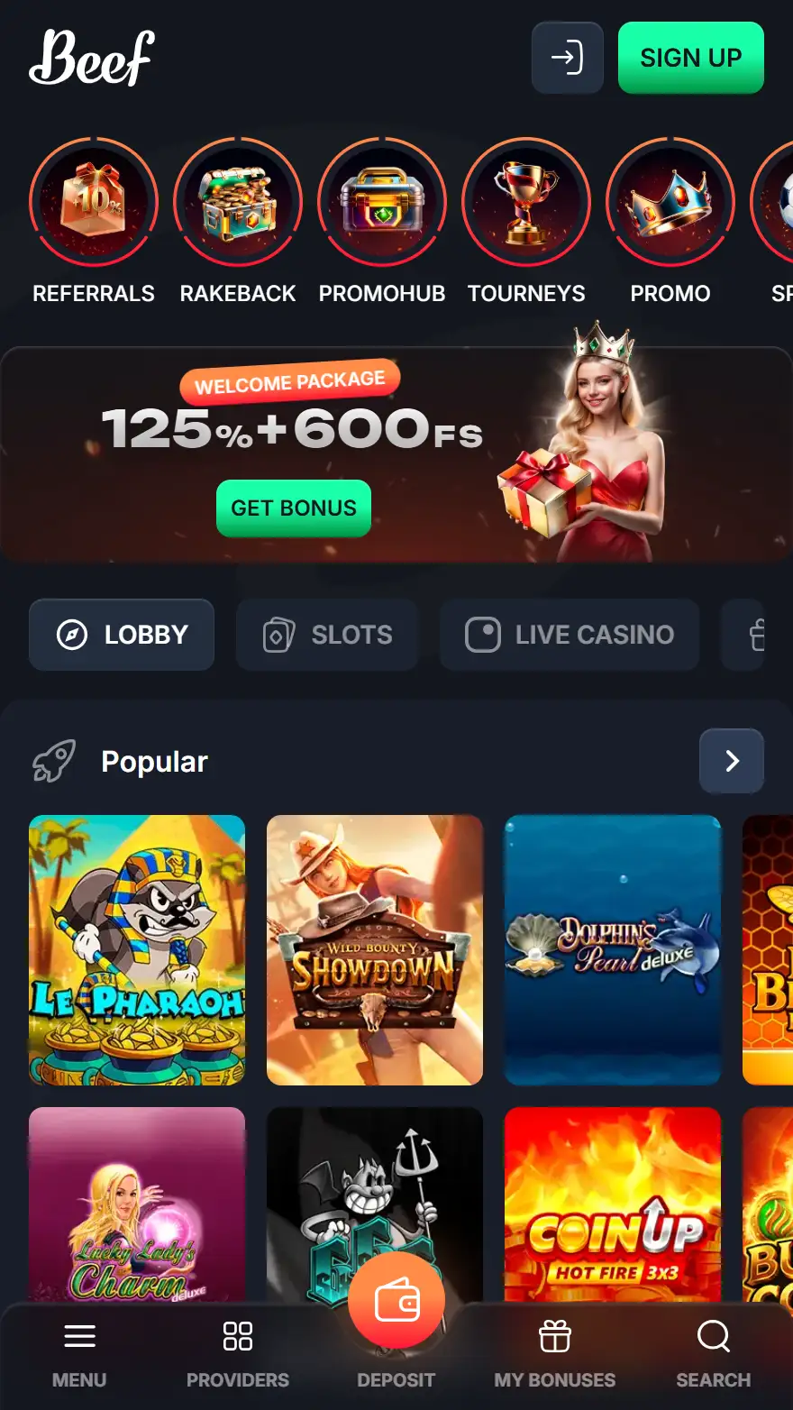 Beef Casino pagrindinis puslapis