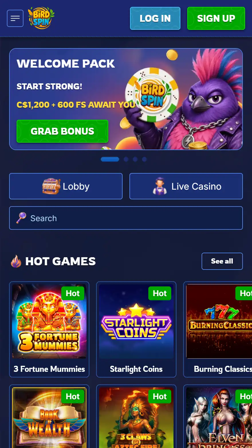 BirdSpin Casino homepage