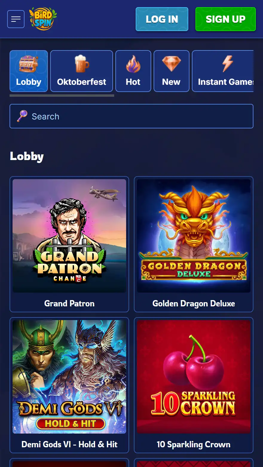 BirdSpin Casino games page