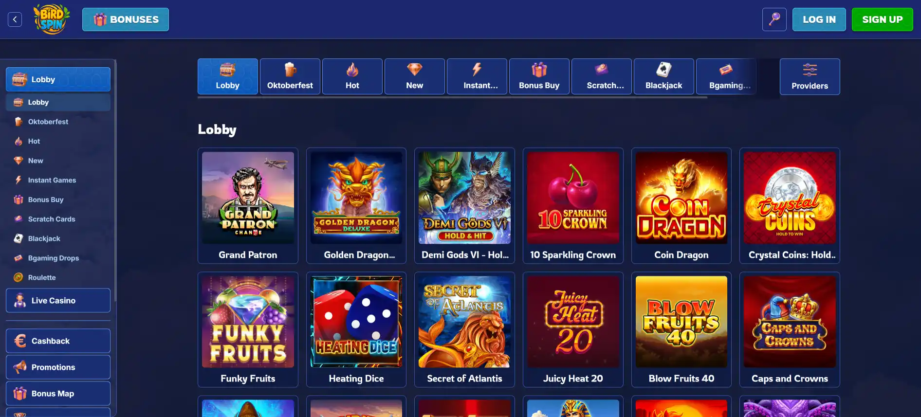 BirdSpin Casino games