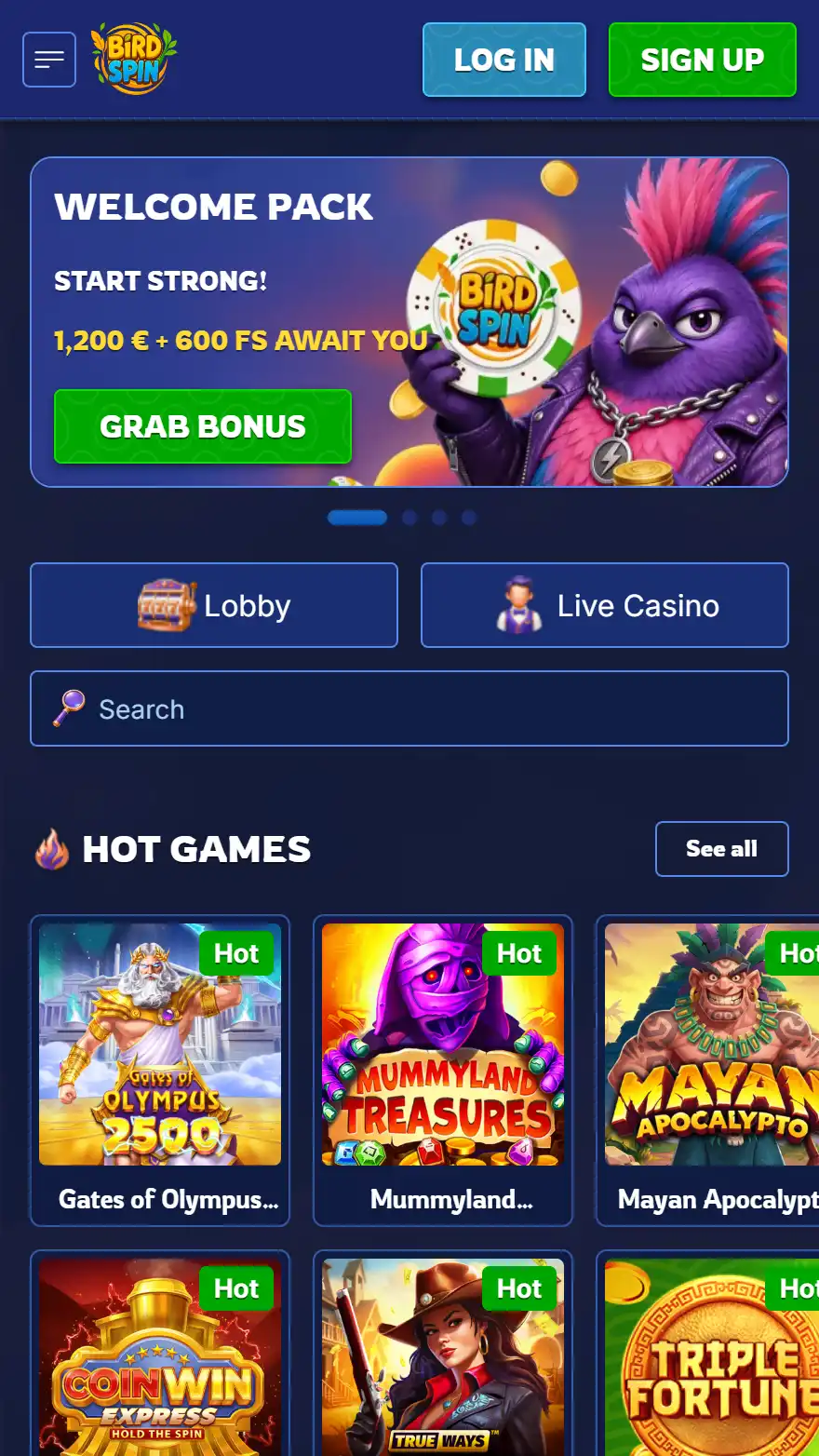 BirdSpin Casino-Startseite