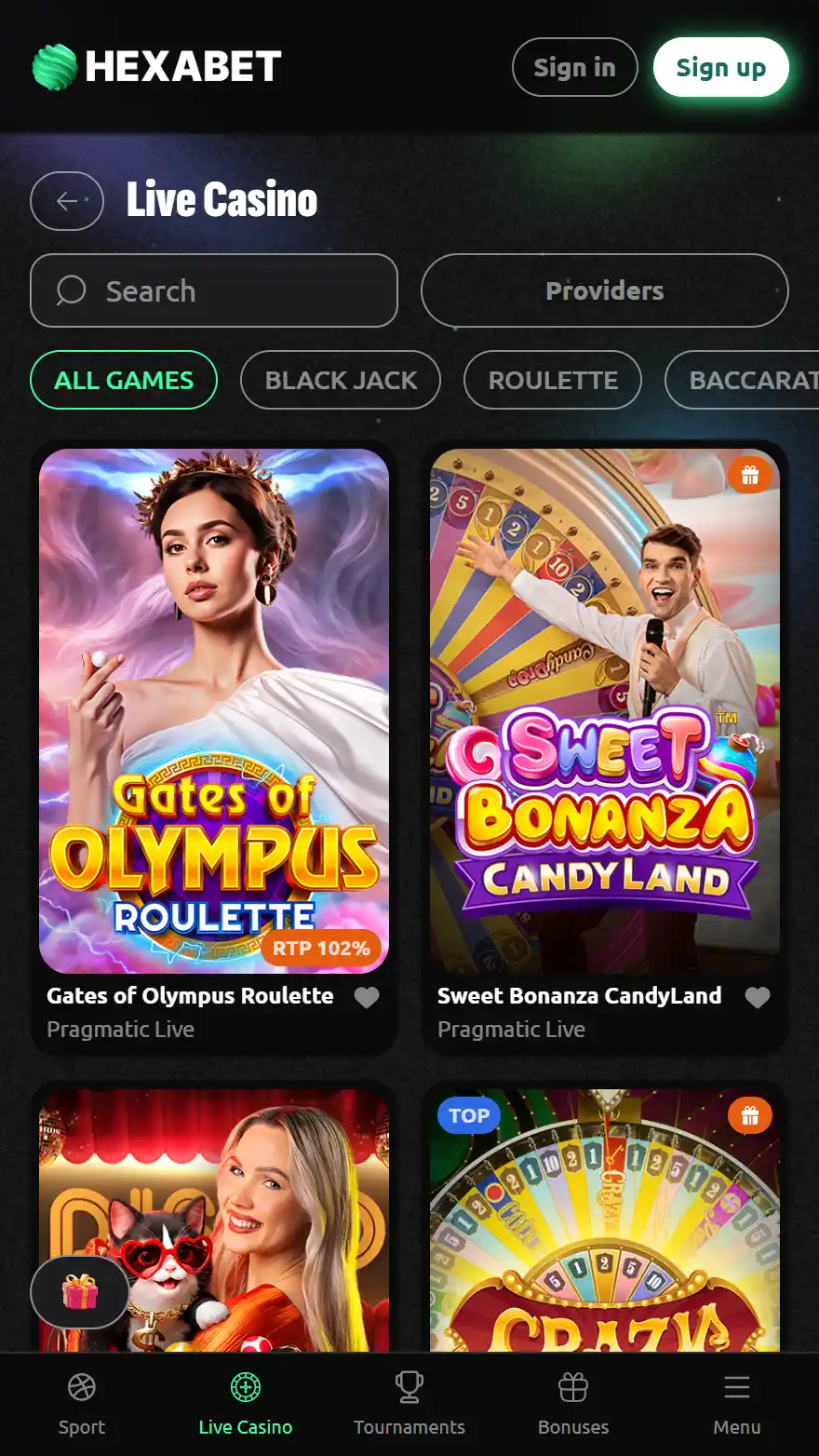 Hexabet live kazino spēļu piedāvājums