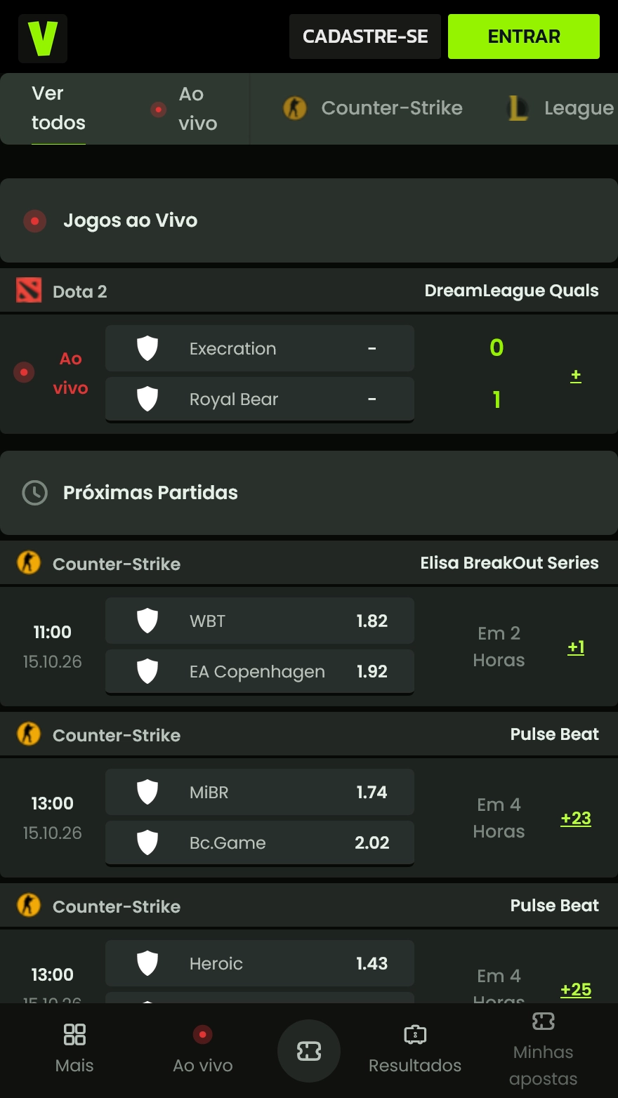 Página de apostas em e-sports da Velobet